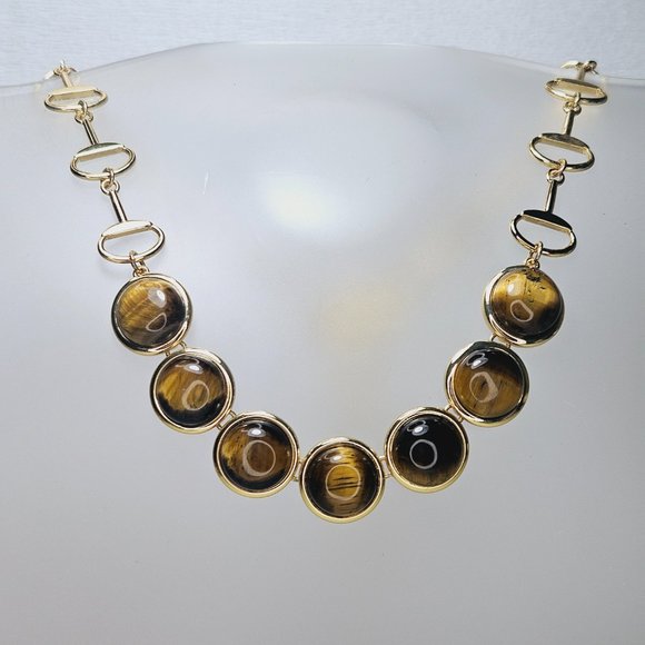 TALBOTS Tigers Eye Gold Tone Statement Necklace Semi Precious Stone - Picture 6 of 8
